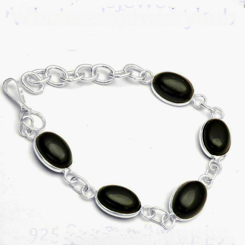 Bracelet Black Cabochons Silver Plate 6.5" - 8.25" Boho Perfect Cond 17383